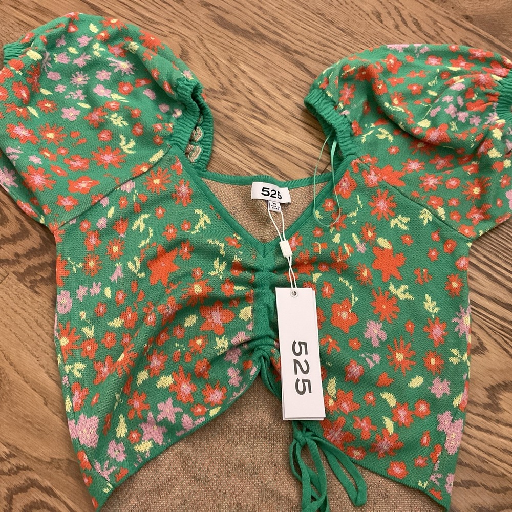 525 America Garden Multi Floral Crop Top Green Short Puff Sleeve XS NWT